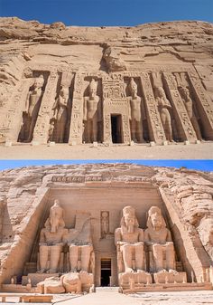 two pictures of the front and back sides of an ancient building with statues on it