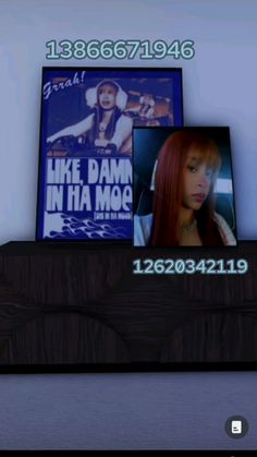 an image of a woman with red hair on top of a wooden shelf next to posters