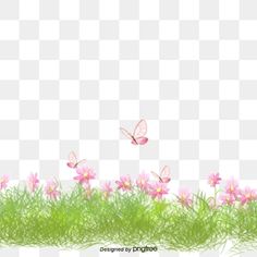 pink flowers and grass with butterflies flying over them