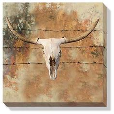 a cow skull mounted on a barbed wire fence with rusted paint and brown background