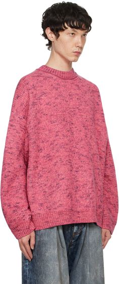 Knit RWS-certified wool- and viscose-blend sweater. Metallic thread detailing throughout. · Rib knit crewneck, hem, and cuffs · Dropped shoulders · Jacquard logo graphic at back Supplier color: Pink multicolor Pink Crew Neck Sweater For Work, Jacquard Sweater, Knitwear Men, Jacquard Knit, Knit Crewneck, Metallic Thread, Logo Graphic, Apparel Accessories, Rib Knit