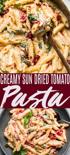 creamy sun - dried tomato pasta with spinach and chicken is an easy dinner idea