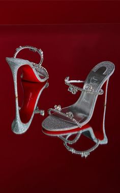 Just Queen 100mm Crystal-Embellished Leather Pvc Sandals By Christian Louboutin | Moda Operandi Sparkly Louboutin Heels, Louboutin Sandals Heels, Silver Red Bottom Heels, Loubitin Shoes, Designer Heels Aesthetic, Luxury Shoes Heels, Heels Louboutin, Christian Louboutin Heels Outfit, Christian Louboutin Wedding Shoes