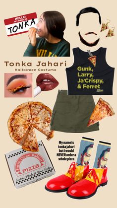 there is a collage with pizza, shoes and other items in the image on this page