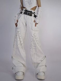 Lace-up Details White Denim Pants Double Waistband Womens White Jeans, White Cargo Pants, Arcana Archive, Sporty Pants, Belted Pants, Autumn Fashion Casual, Grunge Style, Cargo Pants Women, Streetwear Women