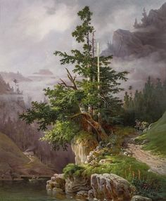 a painting of a mountain lake with trees and rocks