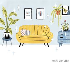 a living room with yellow couches and potted plants on the side table next to a dresser