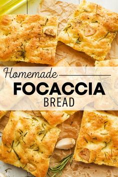 homemade focaccia bread with garlic and rosemary on top, cut into squares