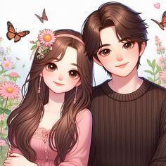 two people standing next to each other with flowers and butterflies in the sky behind them