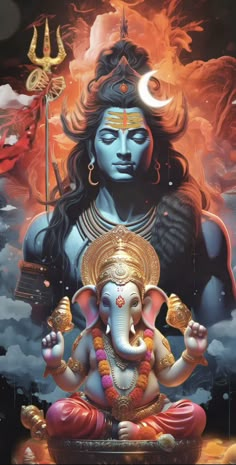 an image of the god ganesha sitting in front of fire and clouds with his eyes closed