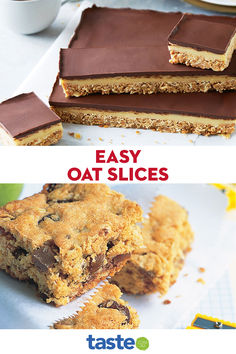 chocolate chip cookie bars are stacked on top of each other with the words easy oat slices