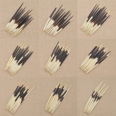 many black and white matches are arranged on a beige surface with one matchstick in the middle