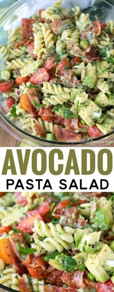 avocado pasta salad in a glass bowl