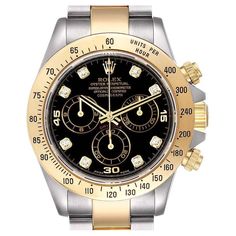 Rolex Daytona Steel Yellow Gold Diamond Chronograph Watch 116523. Officially certified chronometer self-winding movement. Rhodium-plated, oeil-de-perdrix decoration, straight line lever escapement, monometallic balance adjusted to 5 positions, shock absorber, self-compensating free sprung Breguet balance spring, Microstella regulating screws, hack mechanism. Stainless steel and 18K yellow gold case 40.0 mm in diameter. Special screw-down push buttons. Triplock winding crown protected by the crow Rolex Tattoo, Rolex Daytona Watch, Daytona Watch, Rolex Cosmograph Daytona, Cosmograph Daytona, Rolex Gmt Master Ii, Rolex Date, Rolex Watches For Men, Rolex Men