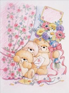 two teddy bears sitting next to each other on a bed with flowers and ribbons around them