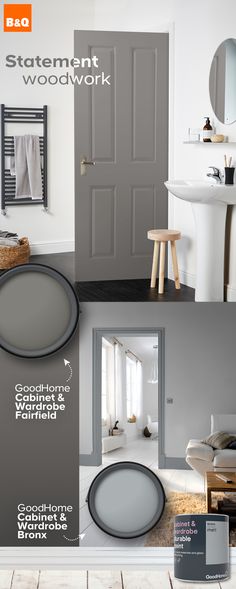 an advertisement for a paint company with the words statement woodwork in white and gray