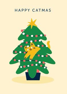 a cat sitting on top of a christmas tree with the words happy catmas above it