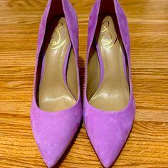 Never Won Pumps 3 3/4 Inch Purple Suede High Heel Heels, Purple Suede High Heels, Chic Medium Width Purple Heels, Purple Suede Heels With Pointed Toe, Purple Heels With 4-inch Almond Toe, Purple Almond Toe Heels With 4-inch Heel, Chic Purple Almond Toe Heels, Purple Leather Heels Medium Width, Chic Purple Heels With Reinforced Heel