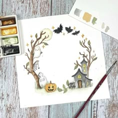 a watercolor painting of a halloween scene with pumpkins, bats and ghost houses