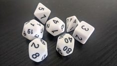 six white dice with black numbers on them