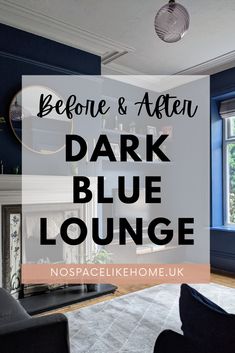 Dark blue lounge with fireplace and grey rug