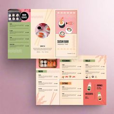 three different menus with sushi on them and an image of sushi bar