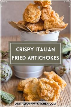 crispy italian fried artichokes in a white bowl with text overlay