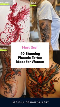 Discover a collection of beautiful phoenix tattoo designs for women. This pin showcases 4 unique images including arm and back tattoos, symbolizing strength and rebirth.