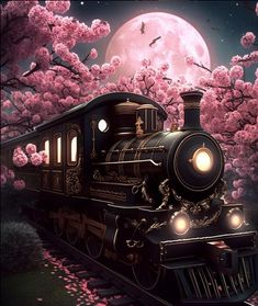 a train traveling through a lush green countryside under a pink moon filled sky with flying bats