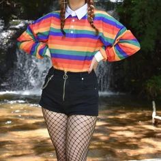 Rainbow Outfit Aesthetic, Kid Core Outfits, Goth Rainbow, Magic Rainbow, Pastel Goth Outfits, Striped Sweatshirt, Rainbow Pastel, Women Sweatshirt