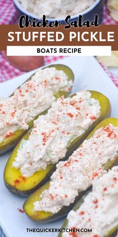 chicken salad stuffed pickle boats recipe on a white plate