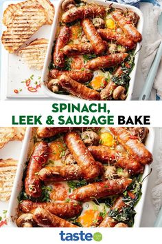 spinach, leek and sausage bake is shown in two separate pans