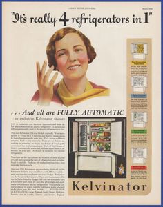 an advertisement for a refrigerator with a woman holding her hand up in front of it