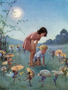 there are many children playing in the grass with umbrellas and mushrooms on the ground