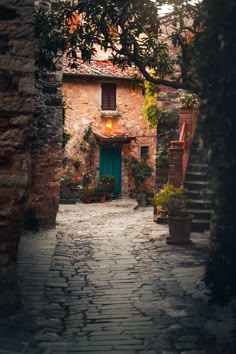 an alley way with potted plants and steps leading up to a door that is open