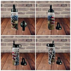 four photos of the same water bottle with an american flag design on it, and one is