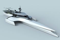 a white boat with a helicopter on the front is shown in this 3d rendering image