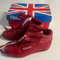 Vintage Reebok Classic Freestyle Hi Top Sneakers Red Double Strap Women's Nos. Please See Pictures For Details. Hi Top Sneakers, Composite Toe Work Boots, Black Reebok, Brown Boots Women, Reebok Classics, Hiking Fashion, Vintage Reebok, Tan Boots, Shoes Vintage