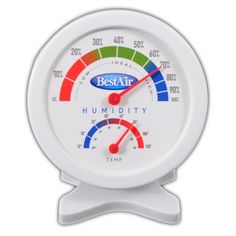 a white thermometer with red, green and blue dials