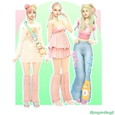 three girls in pastel outfits standing next to each other with teddy bears on them