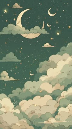 the sky is filled with clouds and stars, as if it were floating in the air