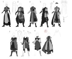 the concept art for an upcoming video game is shown in black and white, with different outfits