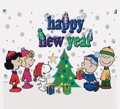 a happy new year card with cartoon characters around a christmas tree