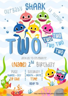 a birthday party poster with two little sharks