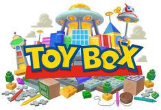 the toy box logo is surrounded by toys