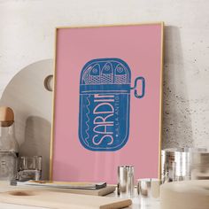 a pink poster with a blue jar on it