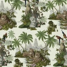 an image of monkeys in the jungle with birds and flowers on white background wallpaper