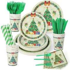 a set of christmas themed tableware with green and white striped paper straws, napkins, cups, and forks