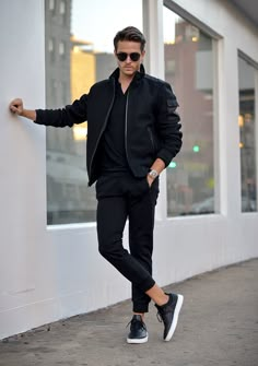 Adam Gallagher Wearing: Express black joggers, wool blend bomber jacket, cotton Henley & creative recreation Sneakers. Black Shoes Outfit, Outfit Nero, Black Sneakers Outfit, Adam Gallagher, Sneakers Outfit Men, Black Outfit Men, How To Wear Sneakers, Sneaker Outfits, Spring Outfits Men