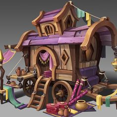 an animated house with lots of furniture and accessories on it's sides, including a swing set